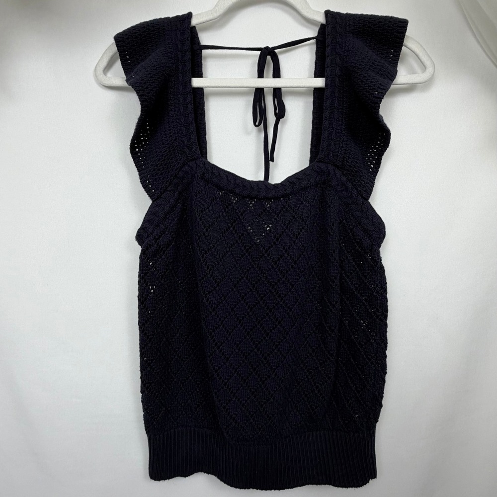 Free Assembly Navy Blue Pointelle Ruffle Sleeve Knit Sweater Tank Top Large